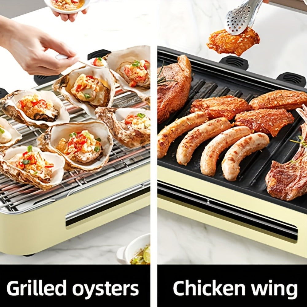 Electric BBQ Grill Indoor, 1500W Smokeless Tabletop Grill with Removable Frying Pan, Waffle Maker & Non-Stick Stainless Steel Plates