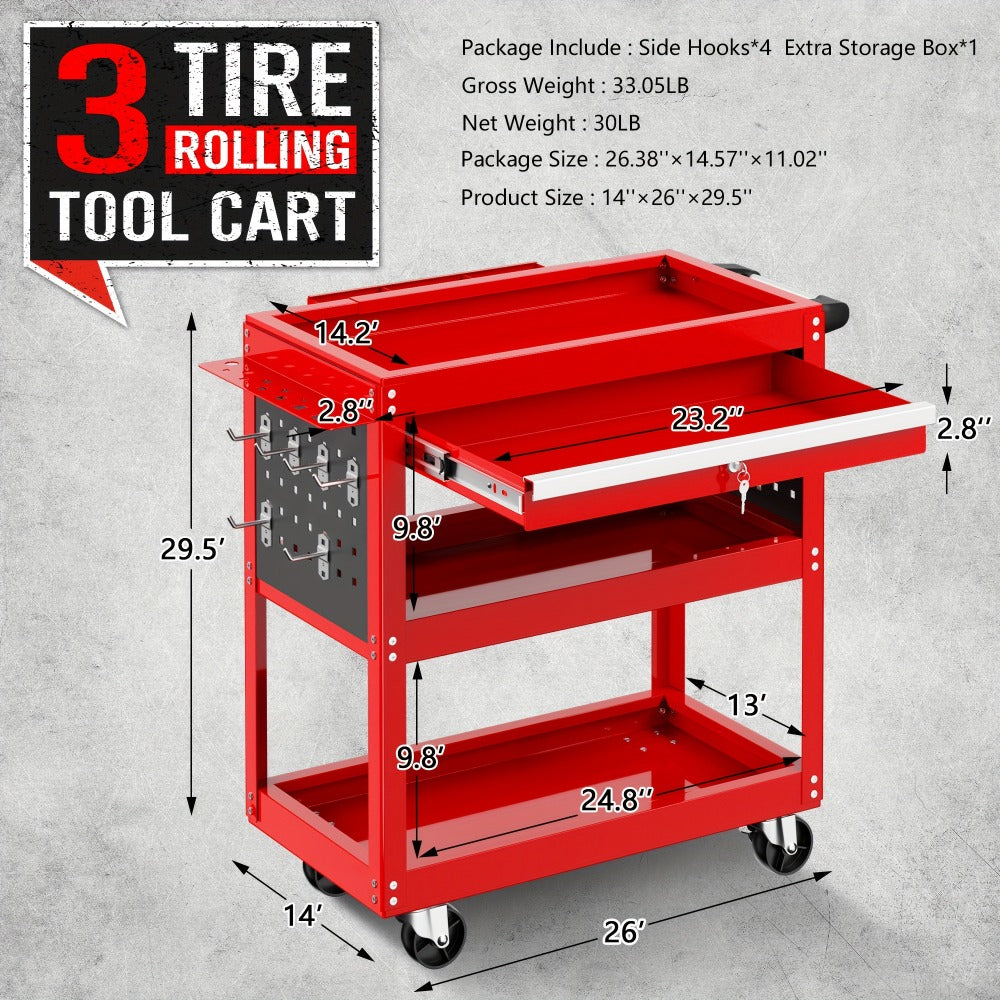 Rolling Tool Cart 3-Tier Pegboard Organizer Locking Drawer 4 Swivel Casters for Garage Workshop Mechanics Black Yellow