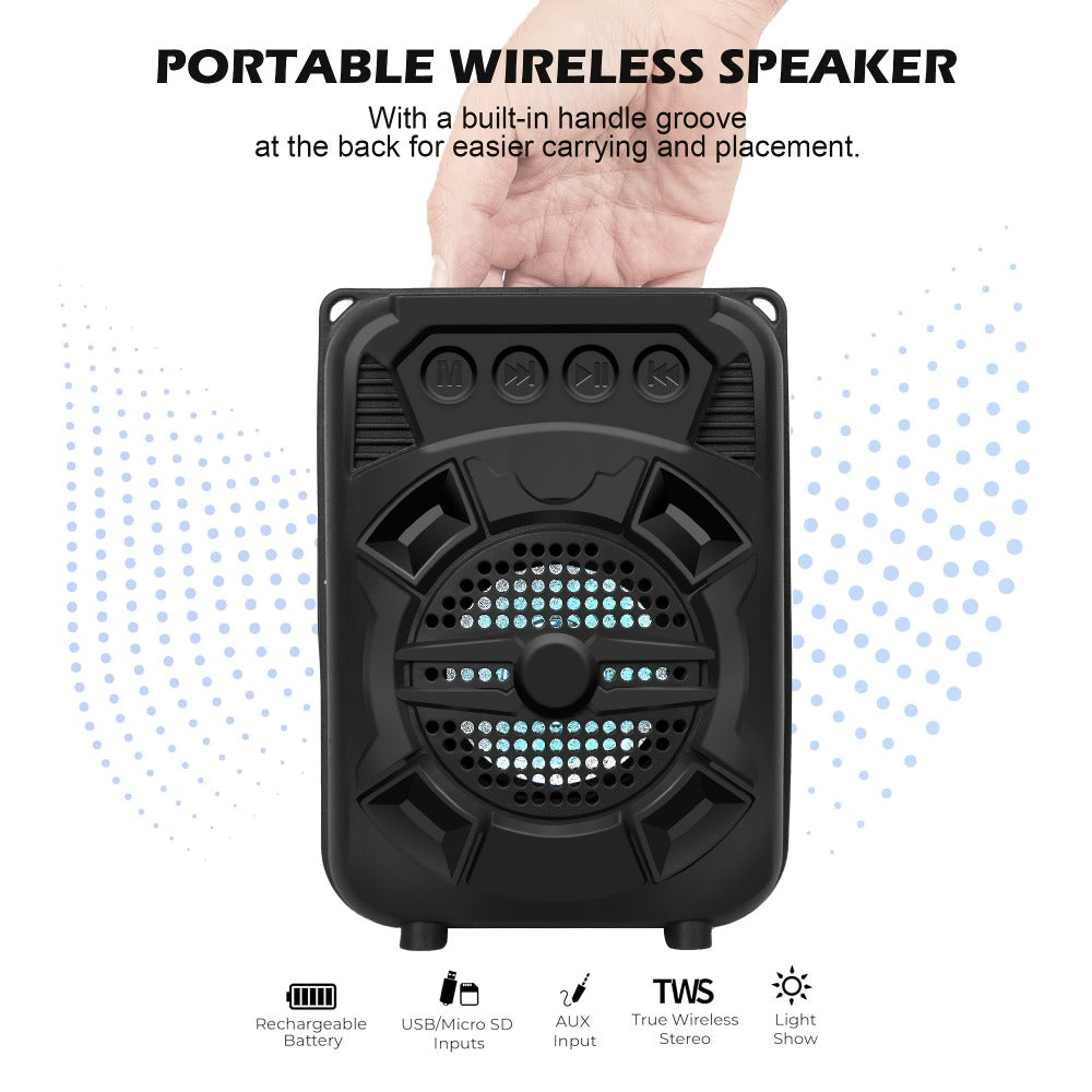 Portable Bluetooth Speaker with LED Light, Stereo Bass and Up to 10 Hours Playtime in Black