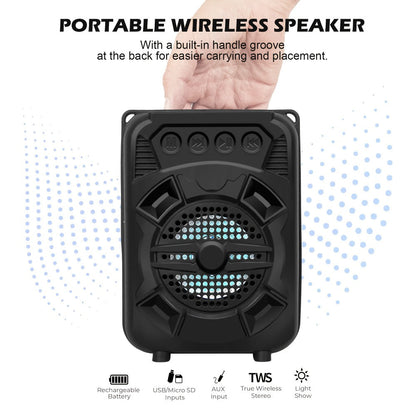 Portable Bluetooth Speaker with LED Light, Stereo Bass and Up to 10 Hours Playtime in Black