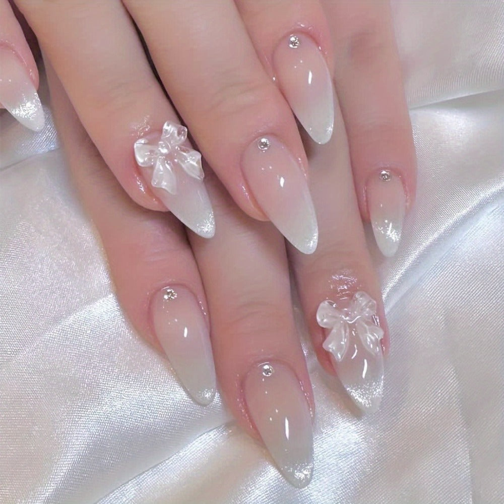 Press On Nails 96-Piece Almond Four-Pack Ice Pink Gradient Flower Butterfly Glossy Full-Cover Set