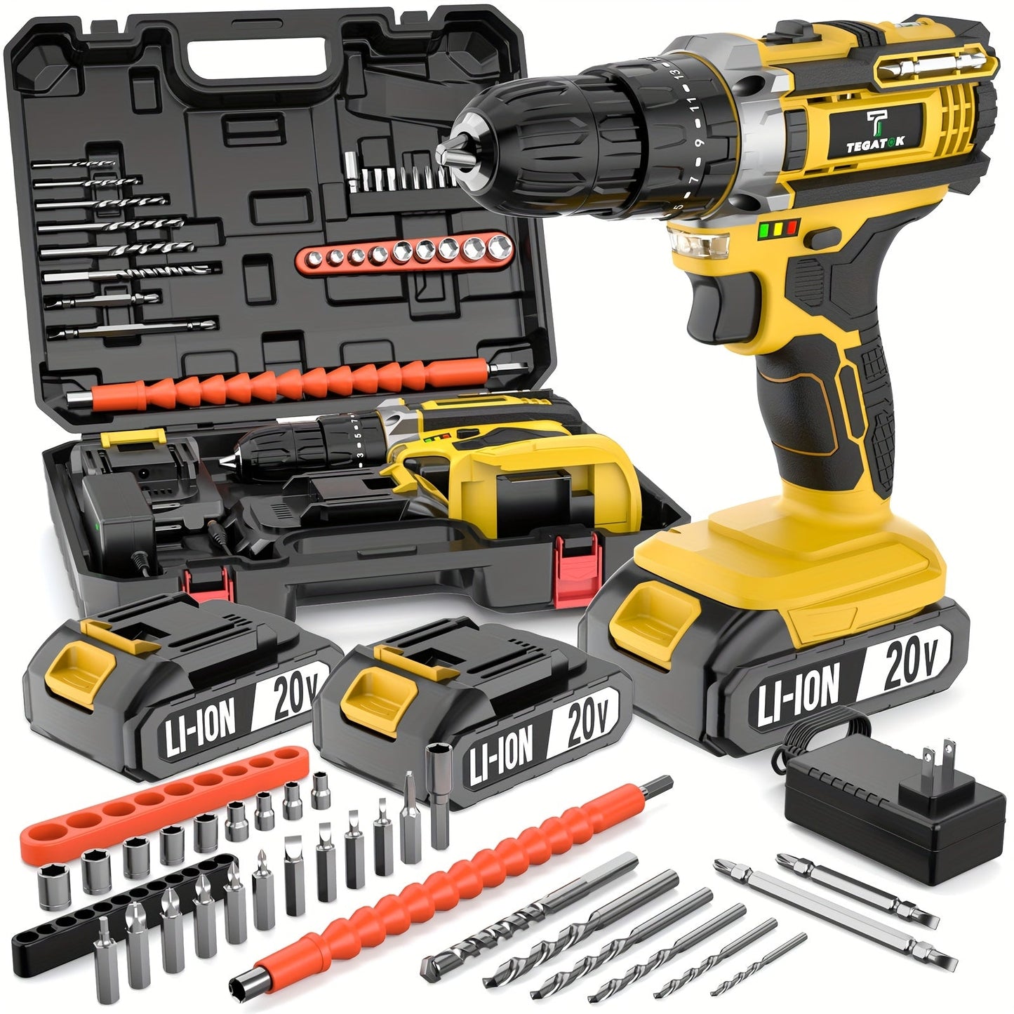 20V Cordless Drill Set Impact Power Drill 3/8 Inch Keyless Chuck 18+3 Clutch 45Nm Max Torque for Entryways, Bedrooms and Living Spaces