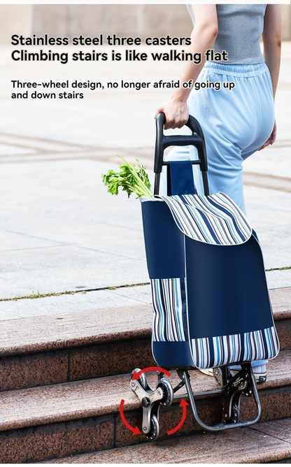 Stair Climbing Shopping Cart with Detachable Hand Truck, Foldable Grocery Trolley with Spacious Polyester Bag for Home Market Transport