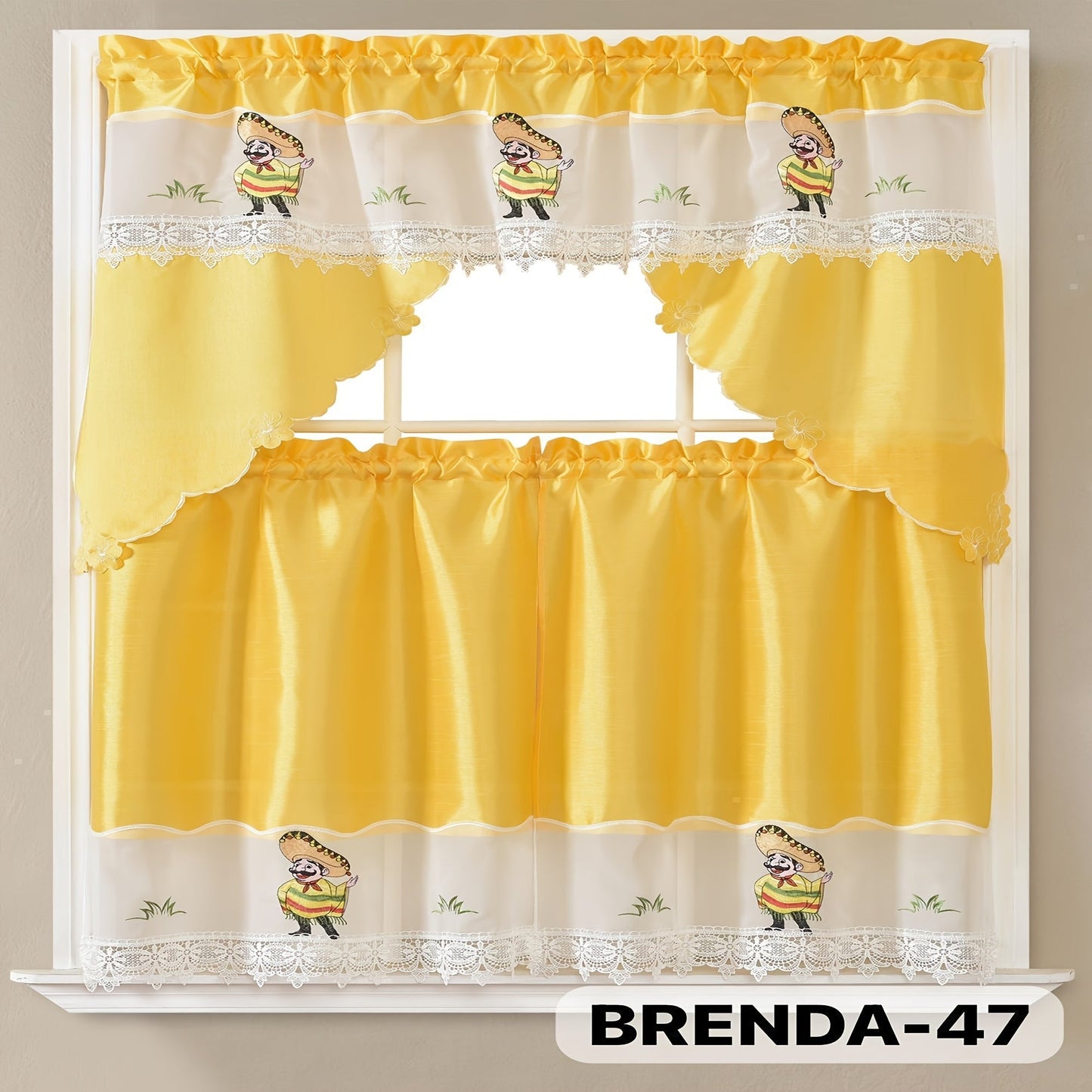 Kitchen Curtains 3 Piece Set Embroidered Satin Valance and Tiers – Rod Pocket Light Filtering Machine Washable 46 Colors