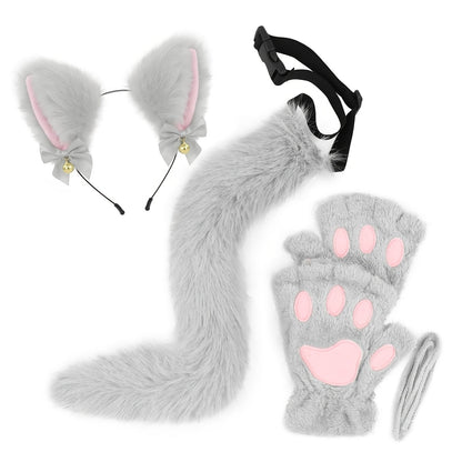 Cat Costume Set 3 Piece, Bell Ear Headband, Plush Paw Gloves & Adjustable Tail for Halloween, Cosplay