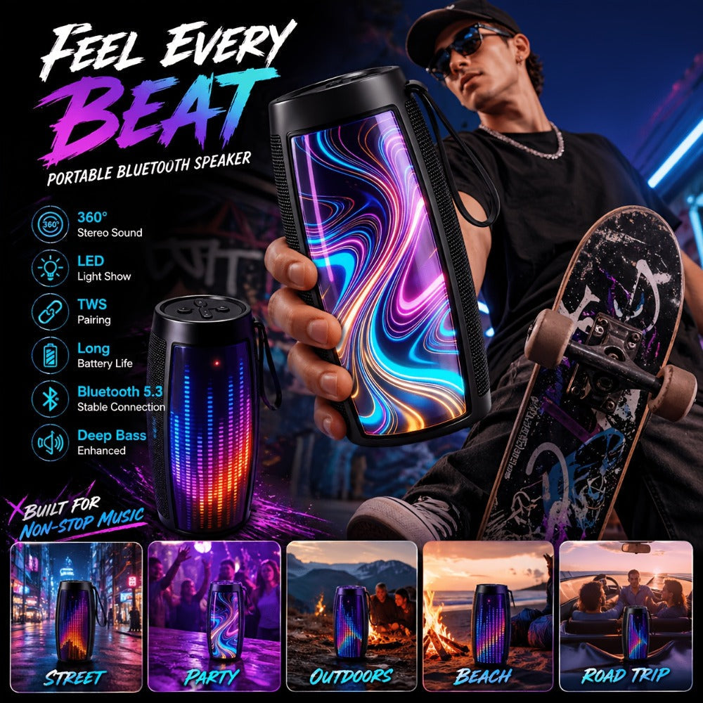 Portable Bluetooth Speaker with Bluetooth 5.3, wraparound audio layout, TWS, RGB Light Show and Carry Strap