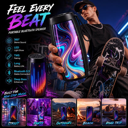 Portable Bluetooth Speaker with Bluetooth 5.3, wraparound audio layout, TWS, RGB Light Show and Carry Strap