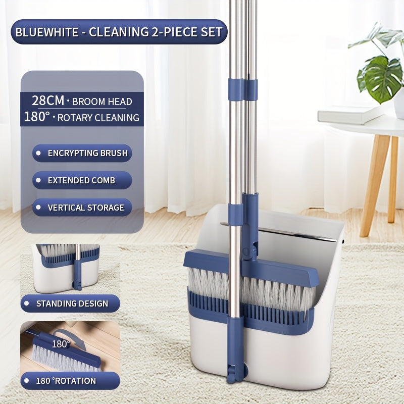 Folding Broom and Dustpan Set with Sectioned Handle, Rotating Head and Nine Blue, Orange or Khaki Checkout Options