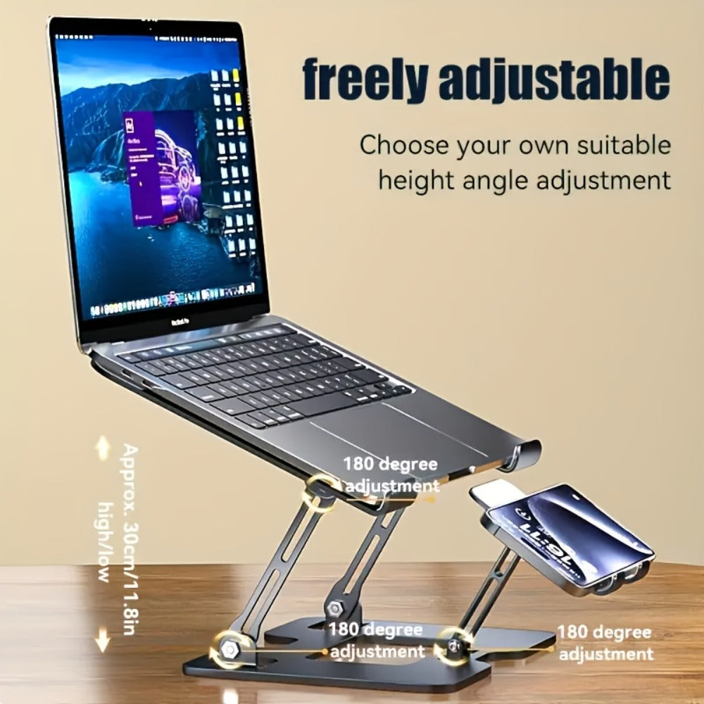 2-in-1 Laptop Stand with Phone Holder, Ergonomic Adjustable Computer Stand with Heat Dissipation, Foldable Desk Riser for 10-16 Inch