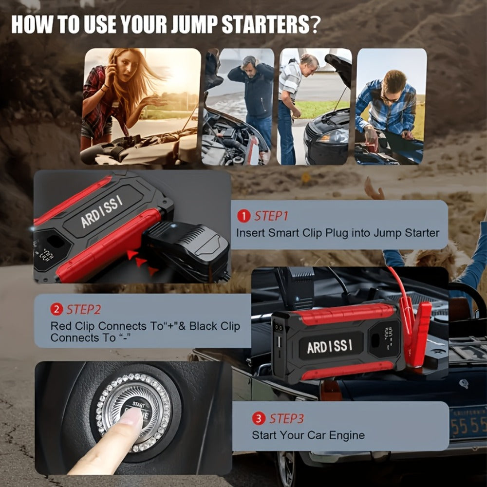 5-in-1 Jump Starter 5000A Peak – 10000mAh Power Bank, 150PSI Air Inflator, Type-C & LED Emergency Light for 12V Gas & Diesel Engines
