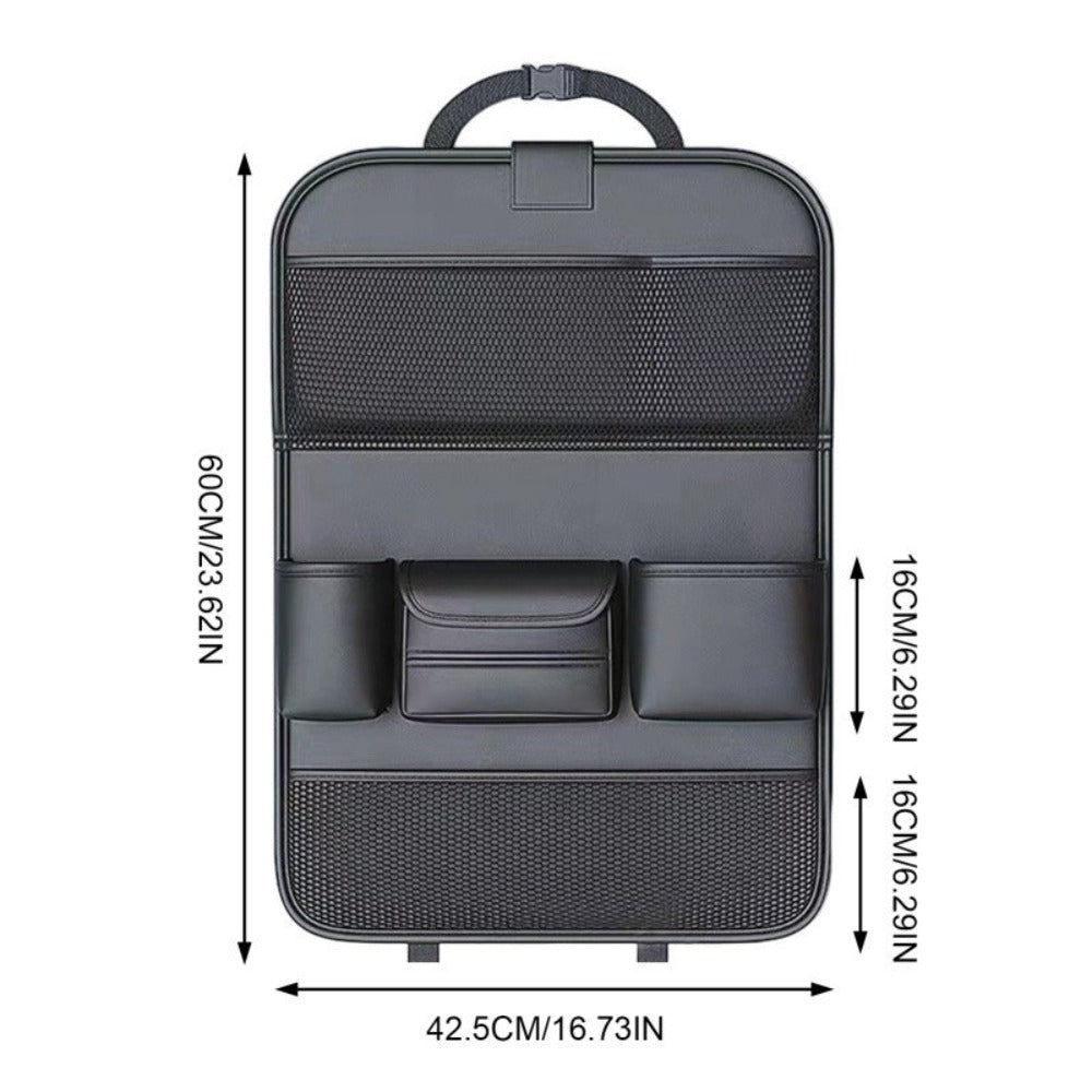 Black PU Leather Car Seat Back Organizer with Laptop Sleeve, Mesh Pockets, Bottle Holders and Foldable Storage