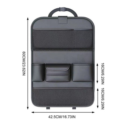 Black PU Leather Car Seat Back Organizer with Laptop Sleeve, Mesh Pockets, Bottle Holders and Foldable Storage