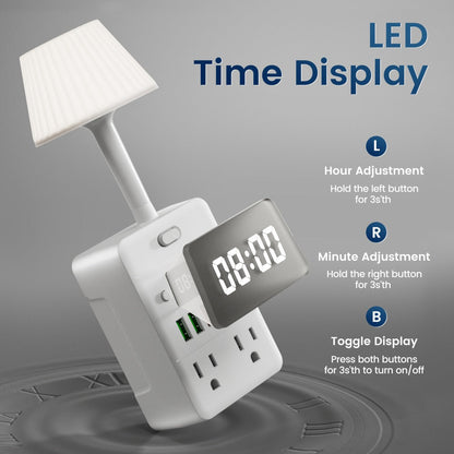 11-in-1 Multifunctional Power Strip with Desk Lamp & Digital Clock, 4 AC Outlets, 3 USB-A & 2 USB-C
