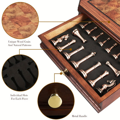 Wooden Chess Set with Metal Pieces & Storage Drawers 12 Inch – 2.5" Kings 2 Extra Queens Vintage Mahogany Board for Adults Beginners