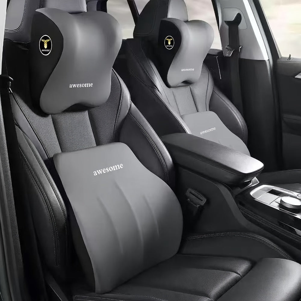 Car Neck Pillow and Lumbar Cushion Set in Black with Memory Foam Fill, Straps and 27 x 29cm and 39 x 38cm Sizes