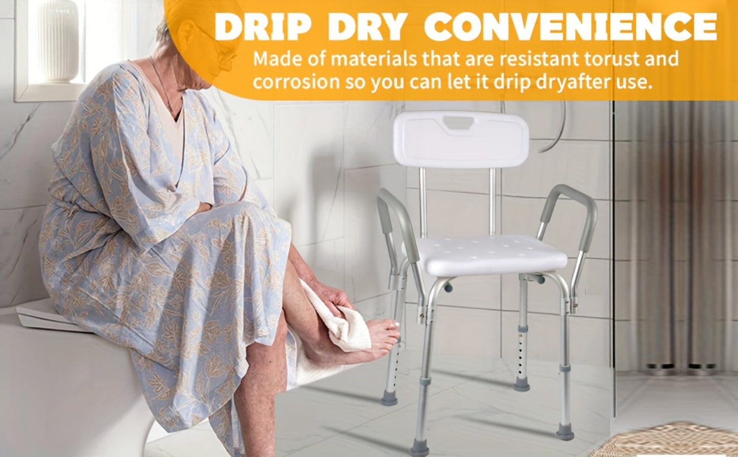 Shower Chair with Armrests & Backrest, Height Adjustable Aluminum Bath Seat, Rubber Feet, Cushioned Support for Elderly