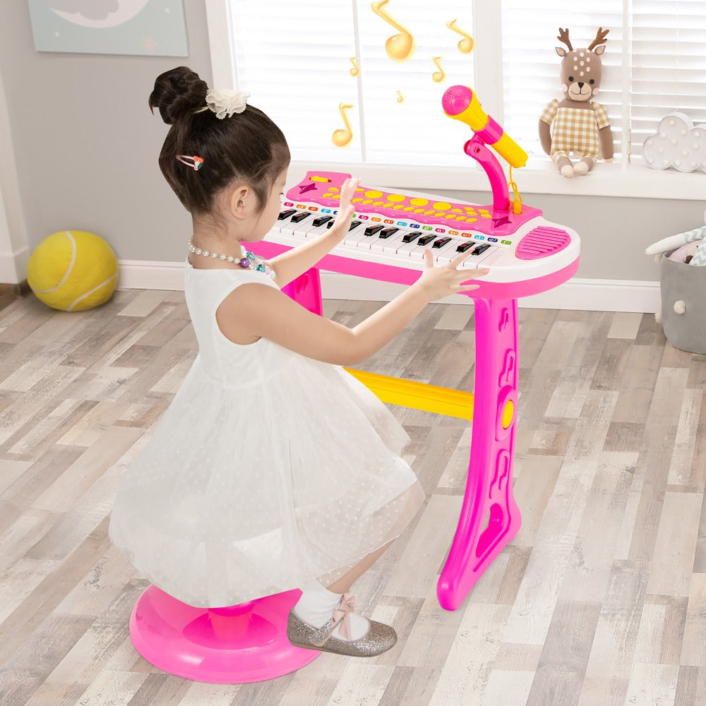 Kids Piano Keyboard Toy 31 Keys with Stool & Adjustable Microphone, Recording & Playback, Light Effects