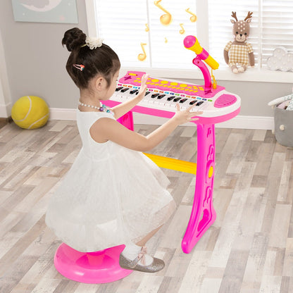 Kids Piano Keyboard Toy 31 Keys with Stool & Adjustable Microphone, Recording & Playback, Light Effects