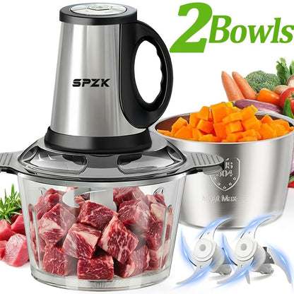 Electric Food Chopper with 2 Bowls & 2 Blades, Multi-Function Food Processor, Meat Grinder & Vegetable Chopper for Meats