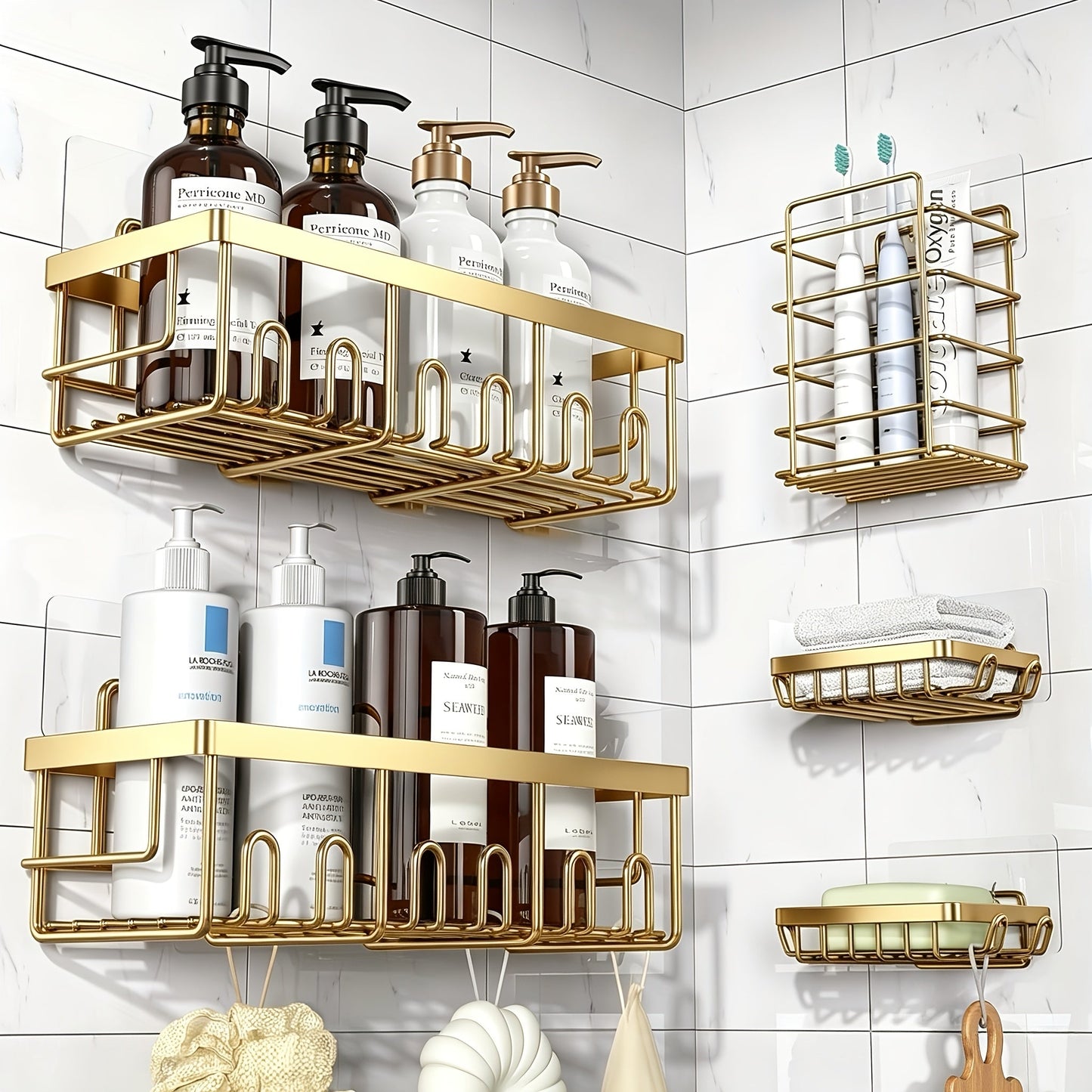 Shower Caddy Organizer 5 Pack Adhesive Rustproof Stainless Steel Shower Shelves with Soap Holder No Drilling Bathroom Storage Rack