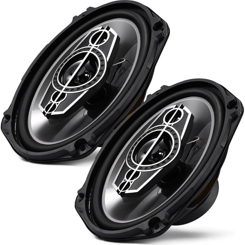 Pair of 6 x 9 Inch Five-Way Coaxial Car Speakers Labeled 1000W Peak, 120W RMS and 4 Ohms with Grilles