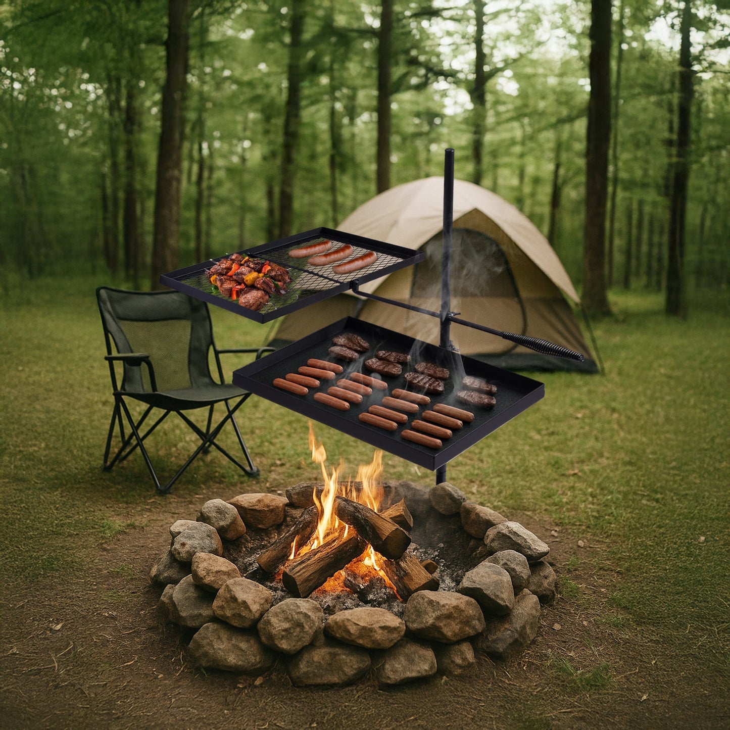 Portable Camping Grill Set – Heavy Duty Skillet Combo with Adjustable Grill Grate, Grill Pan & Carrying Bag – Steel & Iron Construction