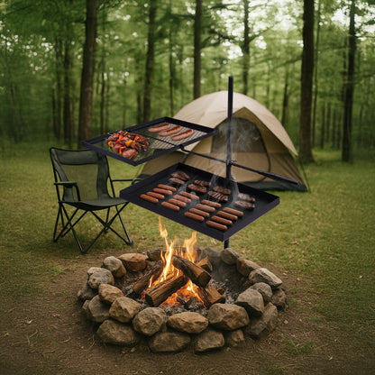 Portable Camping Grill Set – Heavy Duty Skillet Combo with Adjustable Grill Grate, Grill Pan & Carrying Bag – Steel & Iron Construction