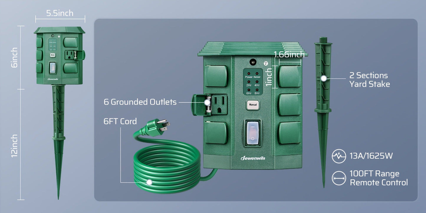 Outdoor Power Stake Timer 6 Outlet, 100FT Wireless Remote Control, Dusk to Dawn Photocell Sensor