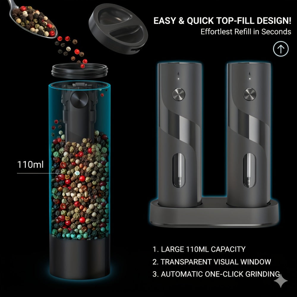 Electric Salt and Pepper Grinder Set, Rechargeable Mills with LED Light, Adjustable Coarseness & 3.72oz for Home Kitchen