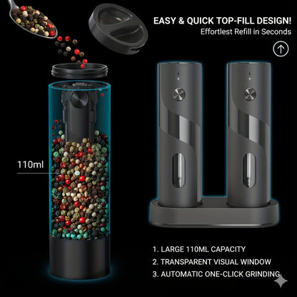 Electric Salt and Pepper Grinder Set, Rechargeable Mills with LED Light, Adjustable Coarseness & 3.72oz for Home Kitchen