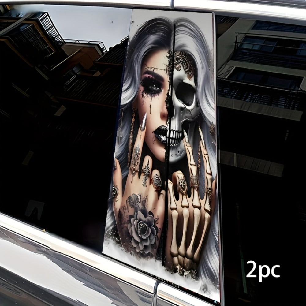 Two-Piece Car B-Pillar Decal Set with Split Skull Portrait Artwork, 48 × 25 cm Flat Sticker Pair