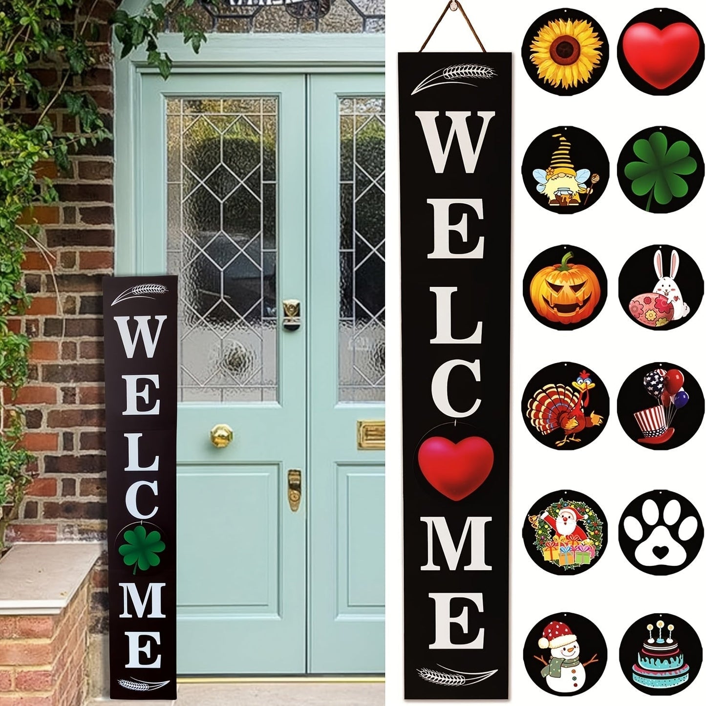 Porch Sign with 12 Interchangeable Seasonal Icons 47 Inch Tall – Welcome Sign for Front Door, Wind Resistant Leaner Board for Patio Yard