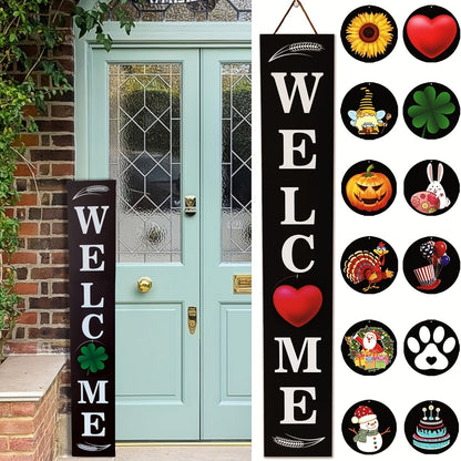 Porch Sign with 12 Interchangeable Seasonal Icons 47 Inch Tall – Welcome Sign for Front Door, Wind Resistant Leaner Board for Patio Yard