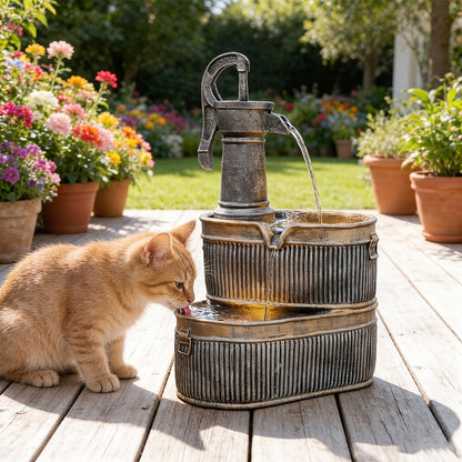 Outdoor Water Fountain 2-Tier Barrel with LED Light & Pump - Rustic Resin Garden Fountain for Patio