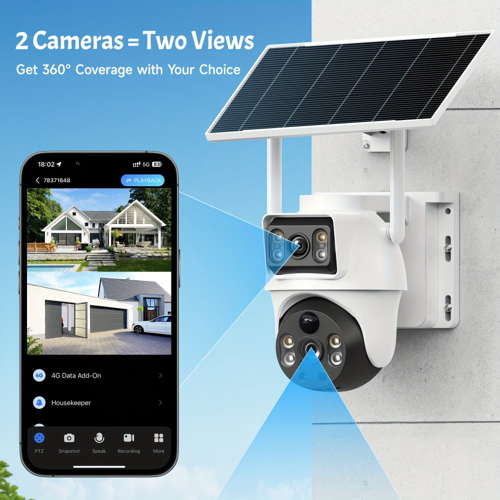 8MP 4G LTE Solar Security Camera Dual Lens PTZ 360°, No WiFi Needed, SIM Card Included, PIR Motion Detection
