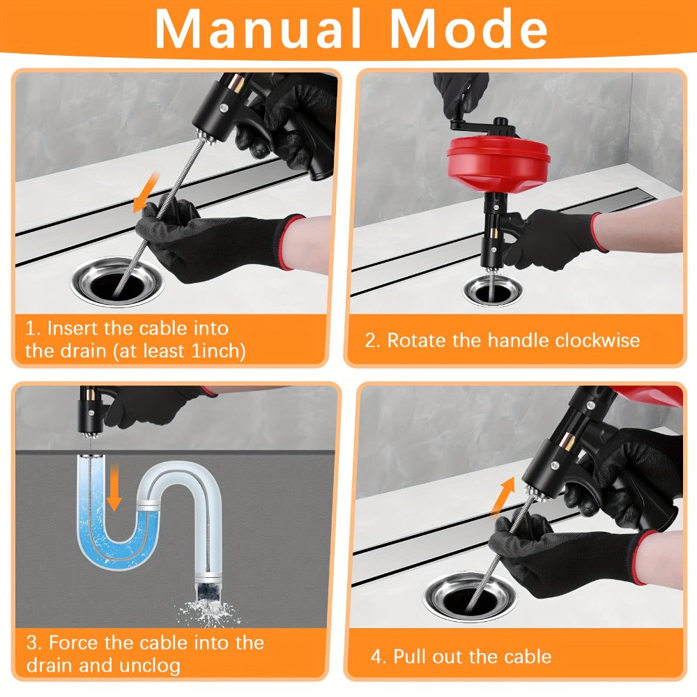 Drain Snake Auger 25ft with Drill Adapter – Manual & Drill-Powered Plumbing Snake, 1/4" Spiral Head for 1-1/4" to 3" Pipes