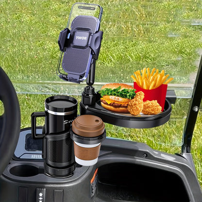 Car Cup Holder Expander with 7.7 Inch Tray, 2.7 Inch Drink Ring, Phone Mount and 58-86 mm Adjustable Base