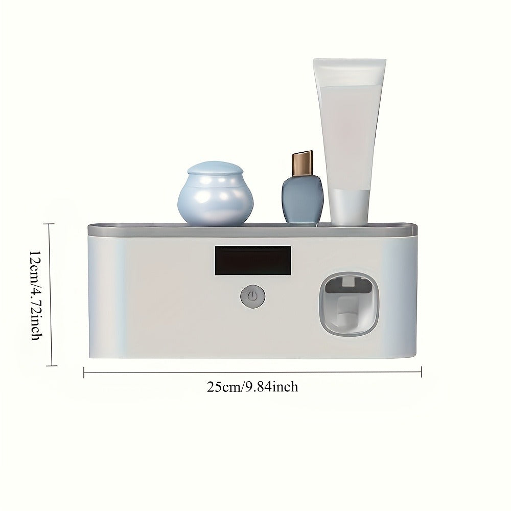 Wall-Mounted Toothbrush Organizer with Four Hanging Slots, Top Tray, Dispensing Port and Two Color Styles