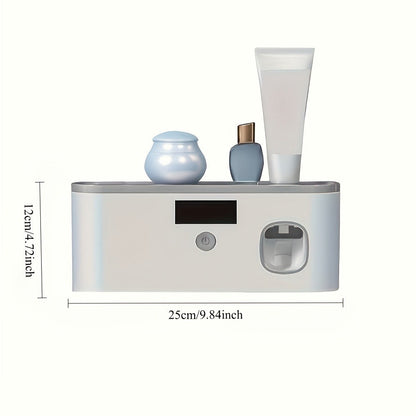Wall-Mounted Toothbrush Organizer with Four Hanging Slots, Top Tray, Dispensing Port and Two Color Styles