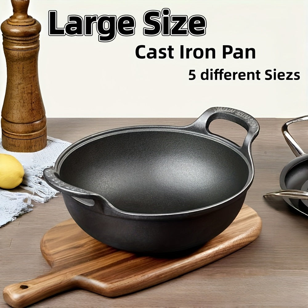 Cast Iron Wok Skillet Non-Stick Deep Stir Fry Pan with Dual Handles – Uncoated Traditional for Home Cooking, Dining and Outdoor Meals
