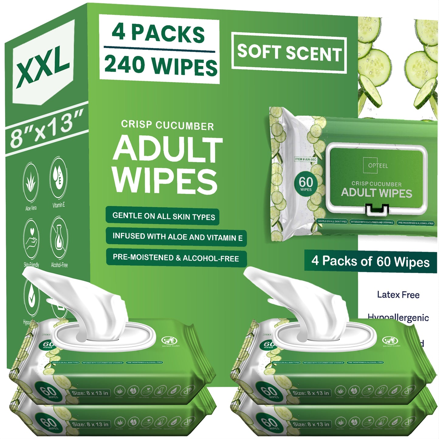 Extra Large Adult Wet Wipes 8x13 Inch 240ct 4 Packs of 60 Aloe Vitamin E Cucumber Scent for Bath Time, Home Spa and Personal Care