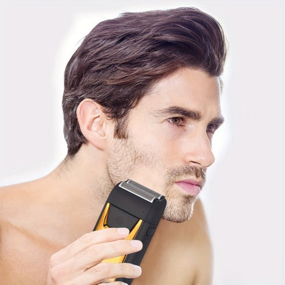 Golden-and-Black Electric Foil Shaver with Rectangular Head, Front Display and Charging Stand