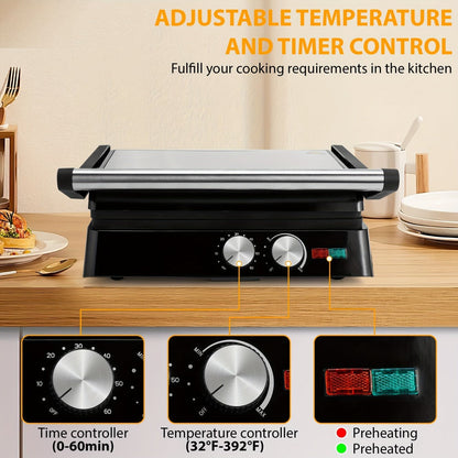 Panini Press Grill 3-in-1 Electric Indoor Grill with Non-Stick Plates - 180° Flat Grill for Entryways, Bedrooms and Living Spaces