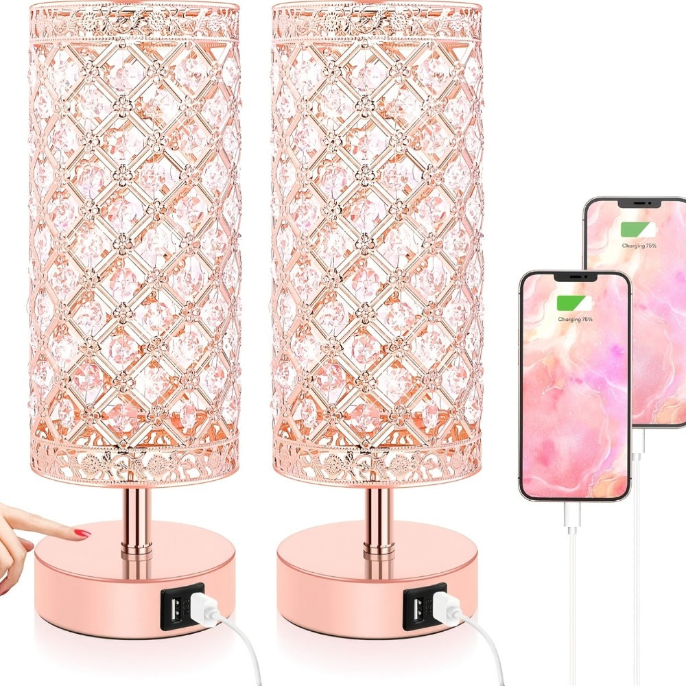 Crystal Cylinder Bedside Table Lamp with Dual USB Ports in Three Finishes and One- or Two-Pack Options
