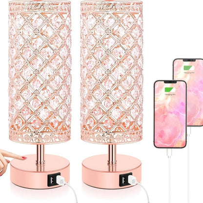 Crystal Cylinder Bedside Table Lamp with Dual USB Ports in Three Finishes and One- or Two-Pack Options