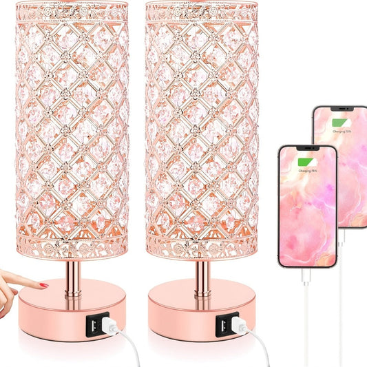 Crystal Cylinder Bedside Table Lamp with Dual USB Ports in Three Finishes and One- or Two-Pack Options