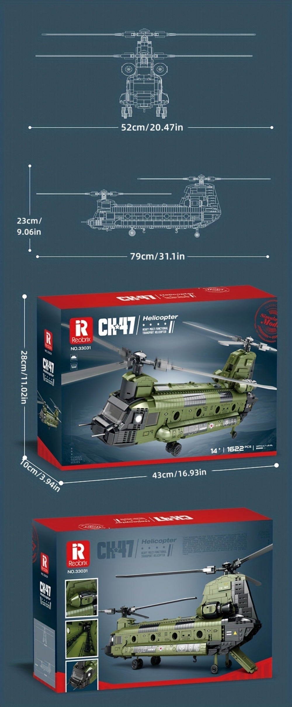 Chinook Helicopter Building Blocks Set 1622 Pcs – US Military CH-47 Transport Helicopter MOC Model Kit Adults Teens Aviation Military Fan