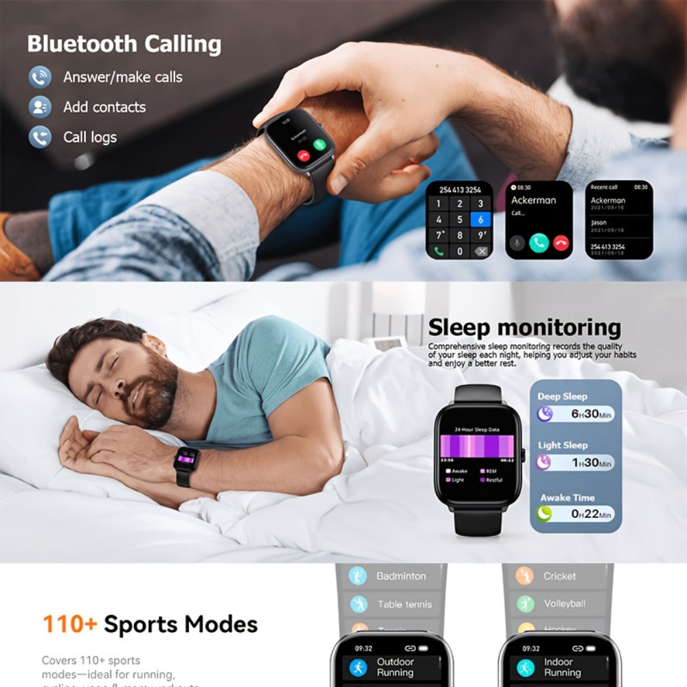 Smartwatch with Remote Photo Control & Bluetooth Calling, Large Screen Unisex, Message Notifications, Multiple Sport Modes, Heart Rate