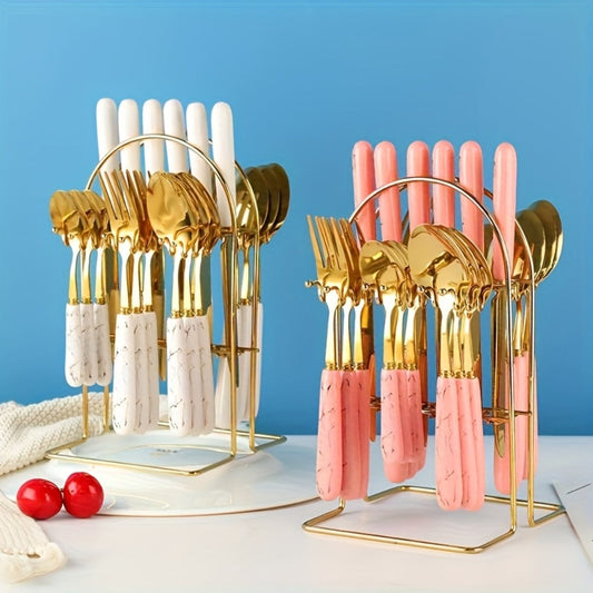 Marble Pattern Cutlery Set 24pcs – Dinner Forks Soup Spoons Teaspoons for Home Hotel Restaurant