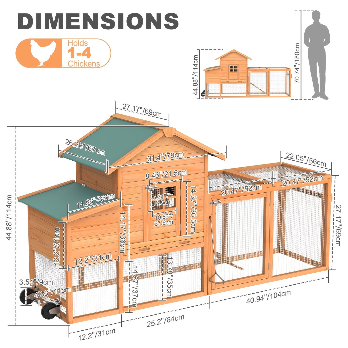 Portable Wooden Chicken Coop with Wheels, Nest Box and Wood Roof or Sunshine Board Run Option